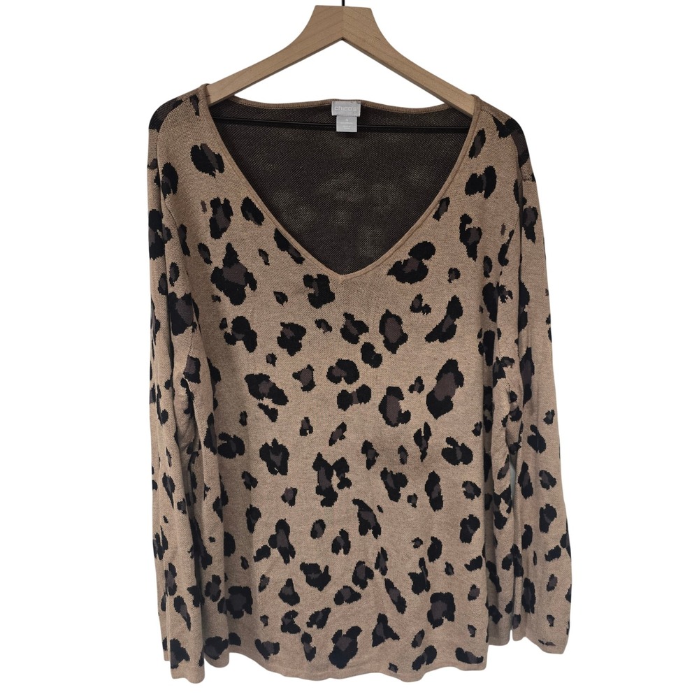 Chicos Tan Leopard Print V Neck Long Sleeve Knit‎ Sweater Top Women Size XXL